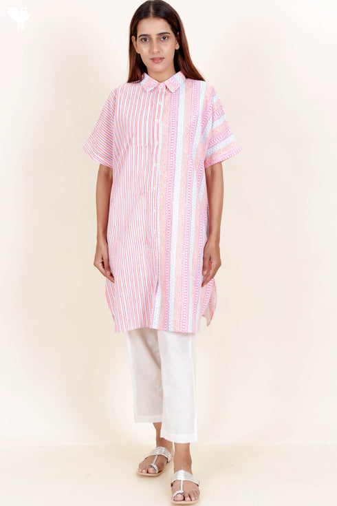 Cambric Cotton Boxy Shirt In Graphic Block Print